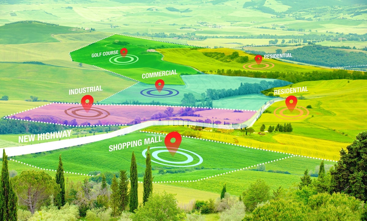 A rural landscape with dedicated areas for residential, commercial and industrial areas; concept of city development planning