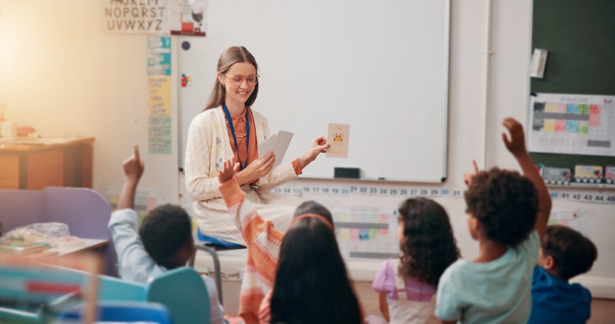 Teacher, children and flash cards with answer in lesson for animal questions